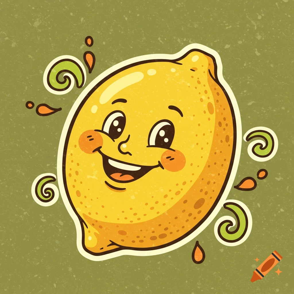 Smiling cartoon lemon in a 70s hand-drawn vintage sticker style on a speckled olive green background.