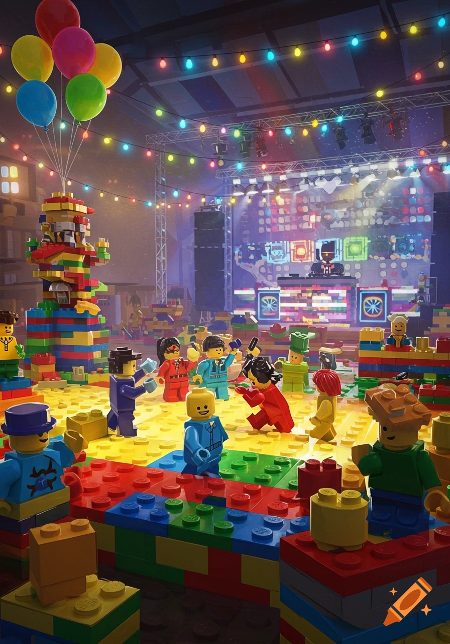 Vibrant Lego party scene with minifigures dancing on a Lego block floor, under colorful string lights, with a DJ booth and balloon tower.