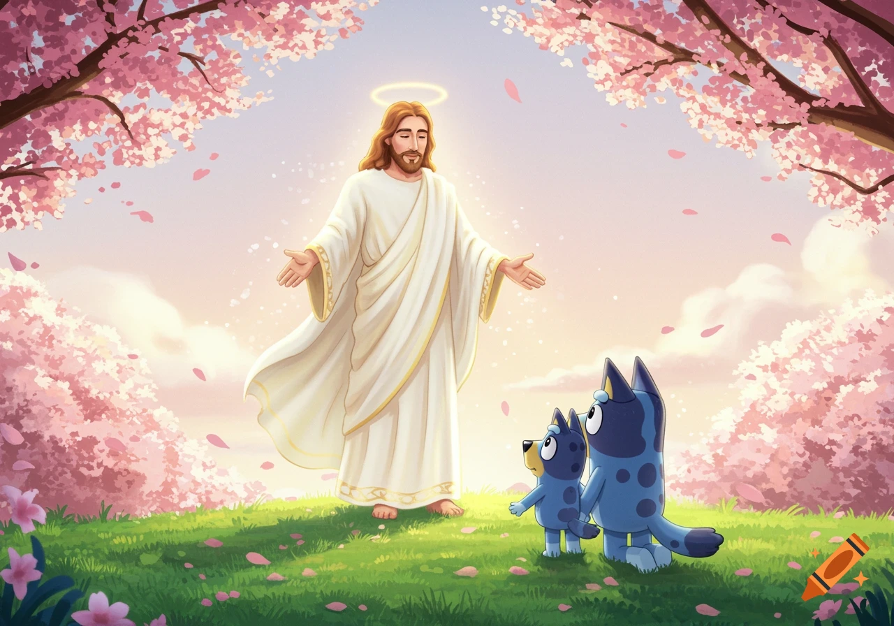 Jesus Christ with a halo, arms open, standing on a grassy hill under cherry blossoms with cartoon characters Bluey and Bingo.