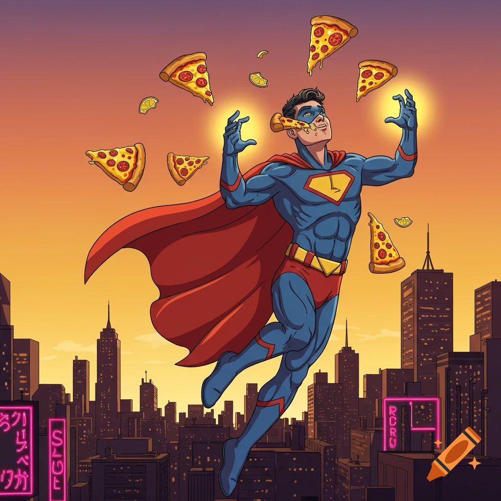 A superhero in a blue and red suit flies over a city at sunset, juggling slices of pizza and eating one. Neon signs light the buildings.