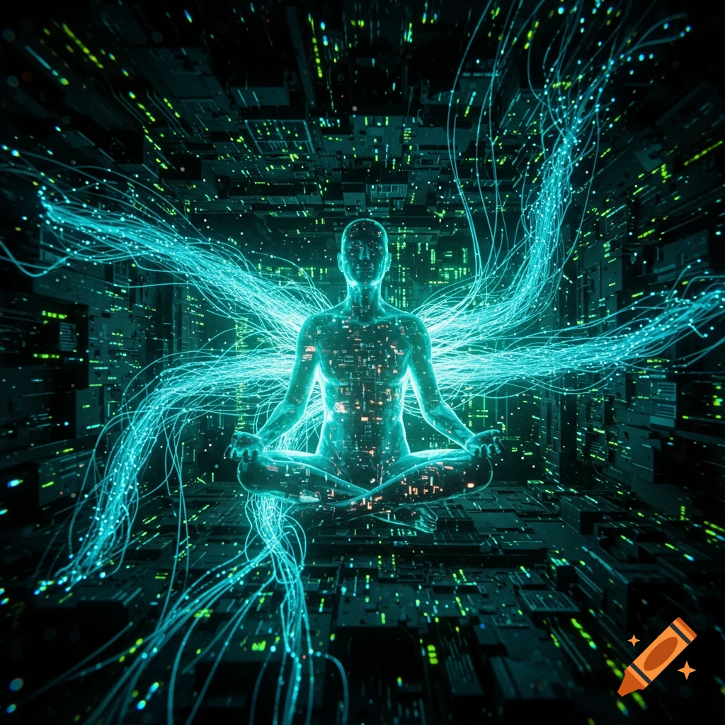 A glowing, translucent human figure in a meditative pose surrounded by blue data streams and digital circuit patterns.