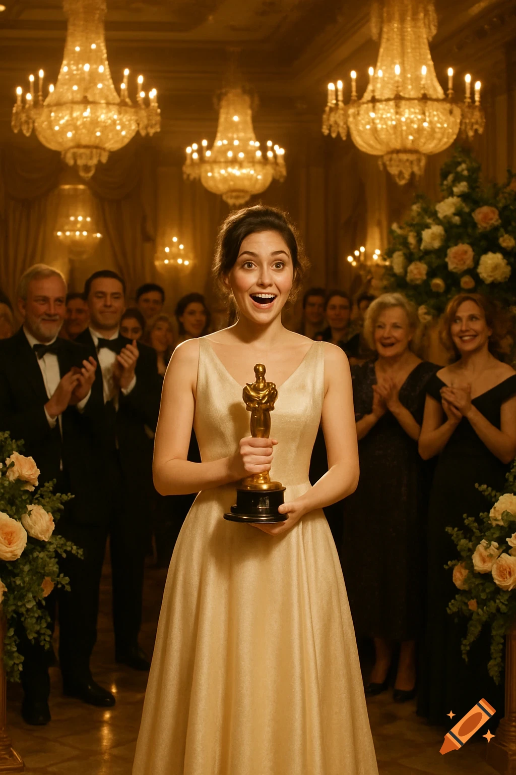 An excited woman in a cream dress holds a golden award in a grand ballroom with chandeliers and applauding guests.
