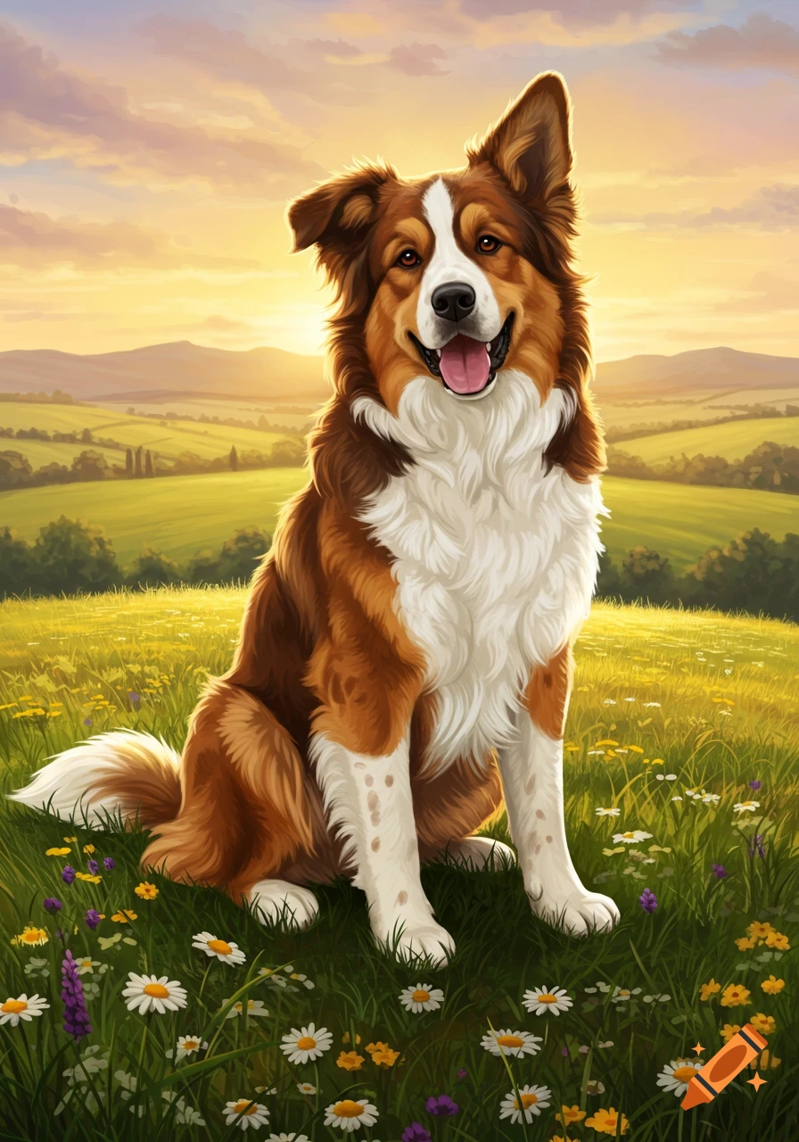 A fluffy brown and white Border Collie sits happily in a vibrant green meadow filled with wildflowers at sunset, with rolling hills in the background.