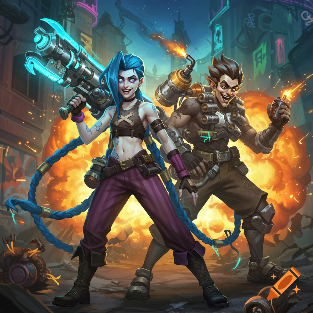 Jinx and a male character like Junkrat stand amidst explosions in a chaotic, ruined city in stylized video game art.