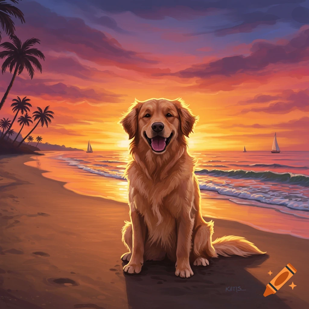 A happy golden retriever sits on a beach during a vibrant sunset, with palm trees and sailboats in the background.