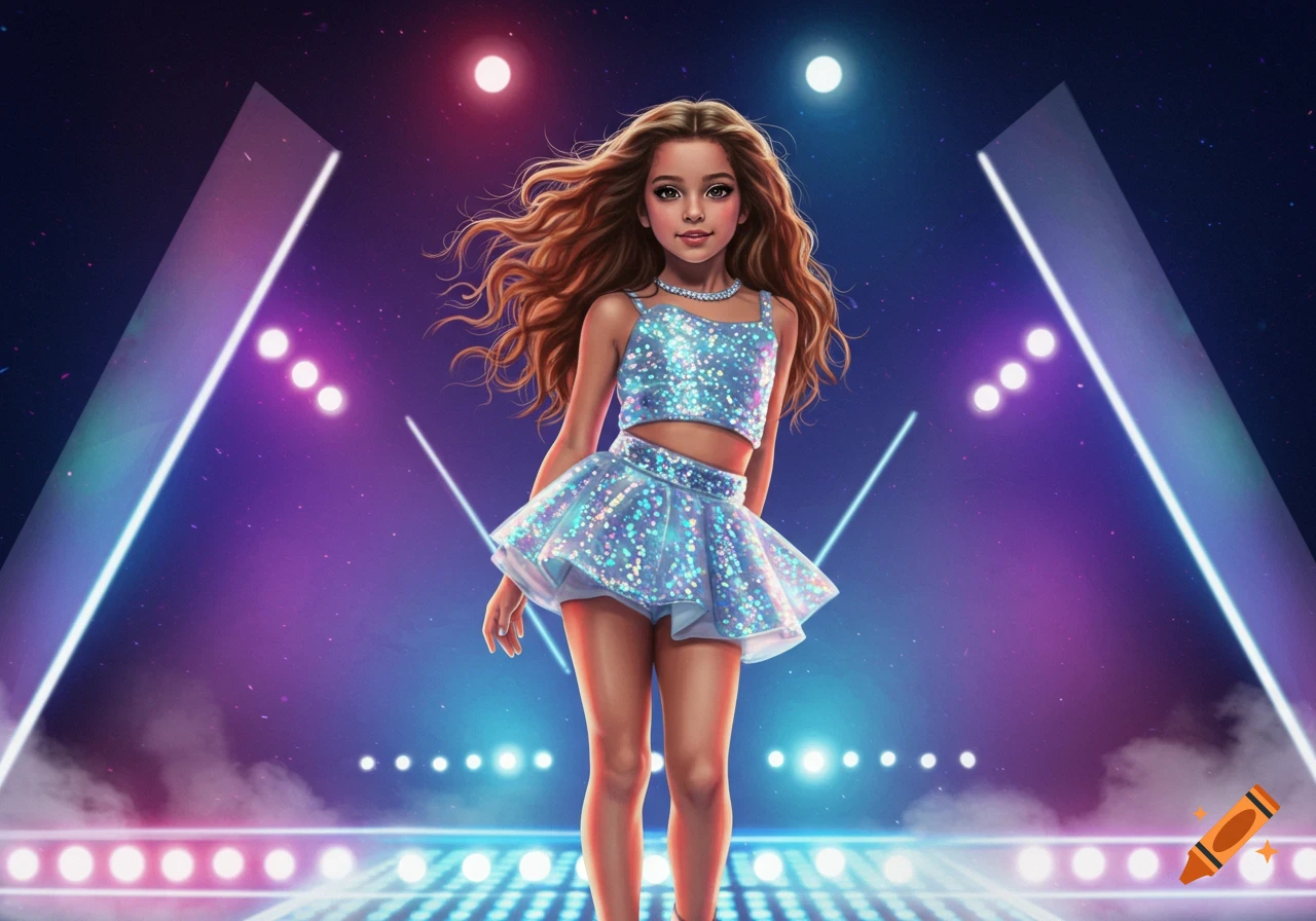 A smiling young girl with long brown hair in a sparkling blue crop top and skirt poses on a brightly lit stage.
