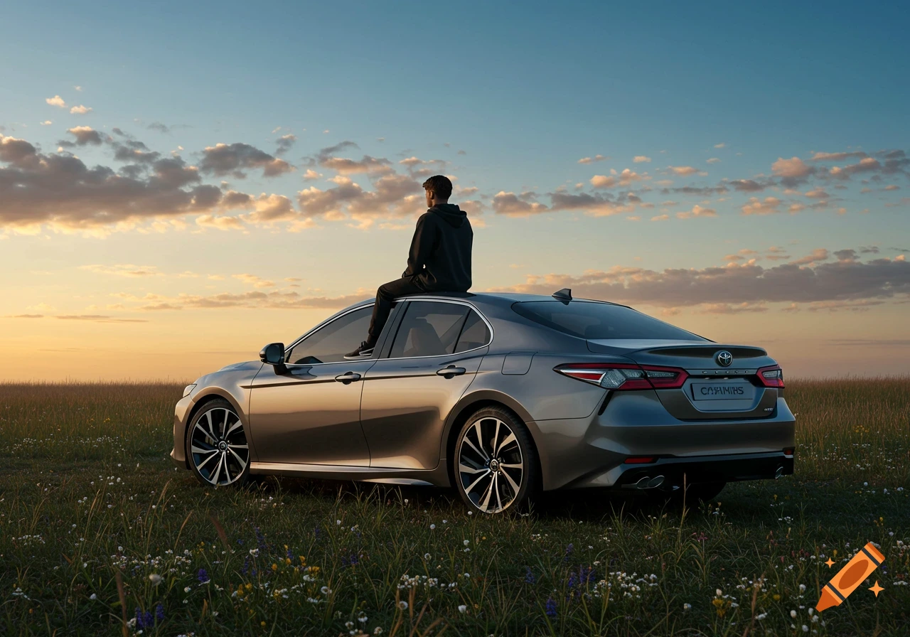 A man in a black hoodie sits on the roof of a grey Toyota Camry in a grassy field at sunset.