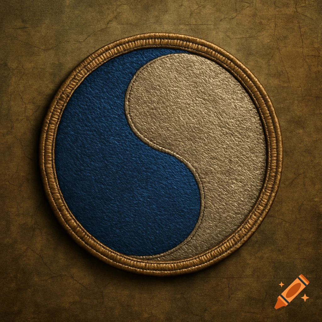 A blue and tan yin-yang style military patch with a rope border on a textured brown background.
