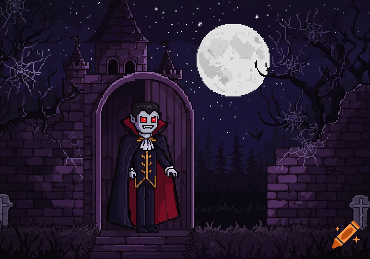 A pixel art illustration of a vampire with red eyes and a cape standing in a castle gate under a full moon at night.