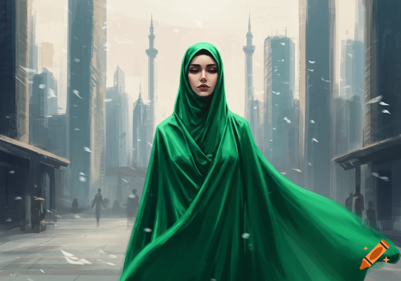 Digital painting of a woman in a flowing green hijab and cloak standing on a city street with tall buildings and white flakes falling.