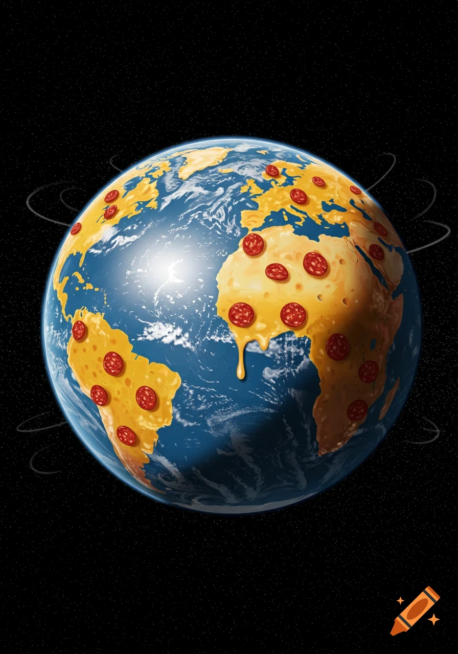 A conceptual image of Earth where continents are made of cheese with pepperoni slices, and oceans are blue, set against a starry space background.