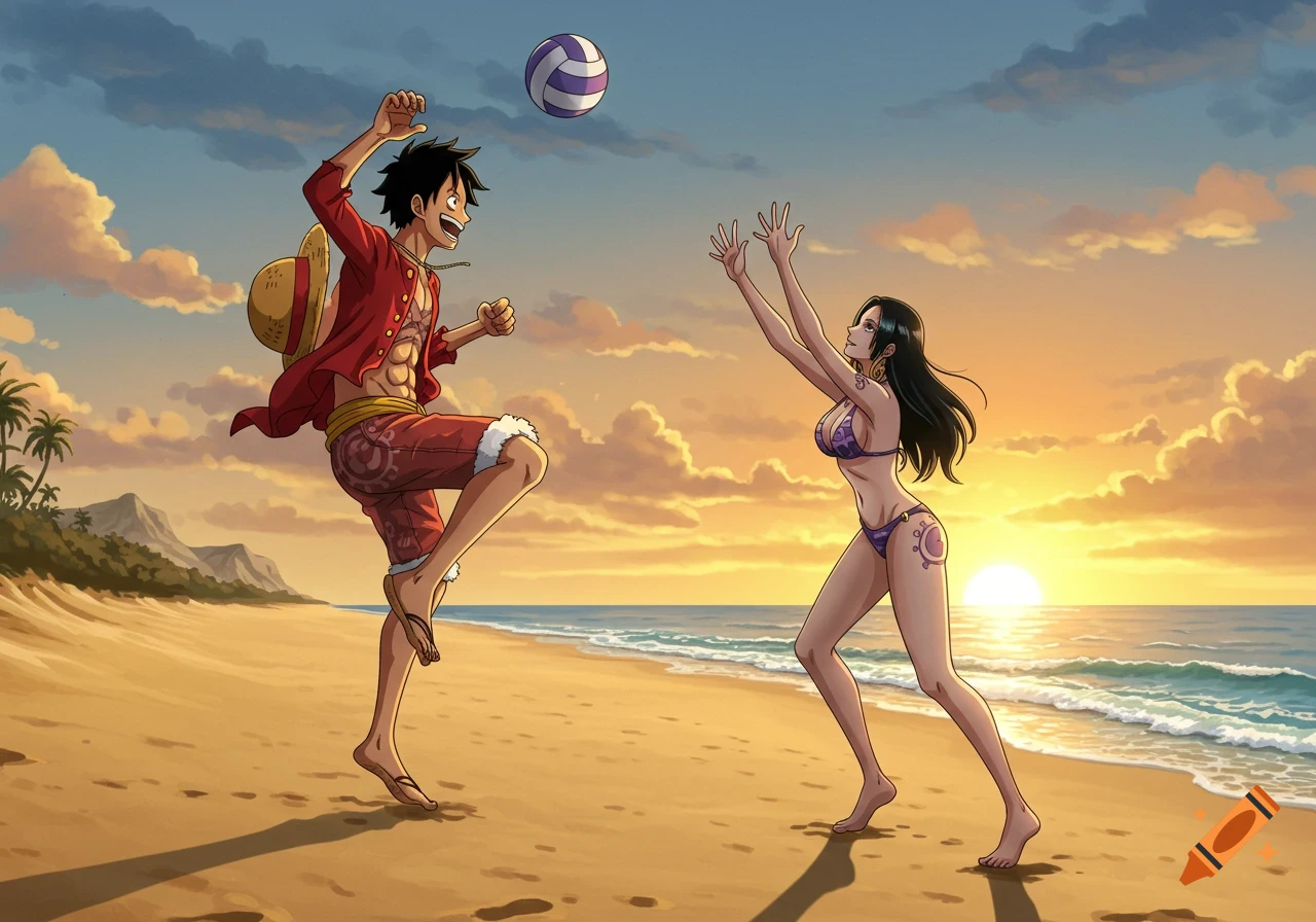 Anime characters Luffy and Hancock play volleyball on a sunny beach at sunset.