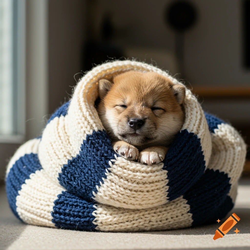 A small light brown Shiba Inu puppy sleeps peacefully, wrapped snugly in a blue and white striped knitted blanket, bathed in sunlight.