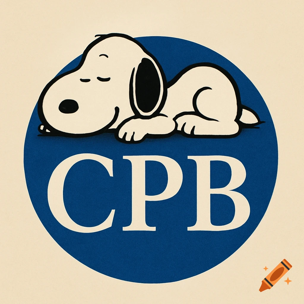 Snoopy the dog sleeping peacefully on a large blue circle with the white letters CPB below him, on a light cream background.