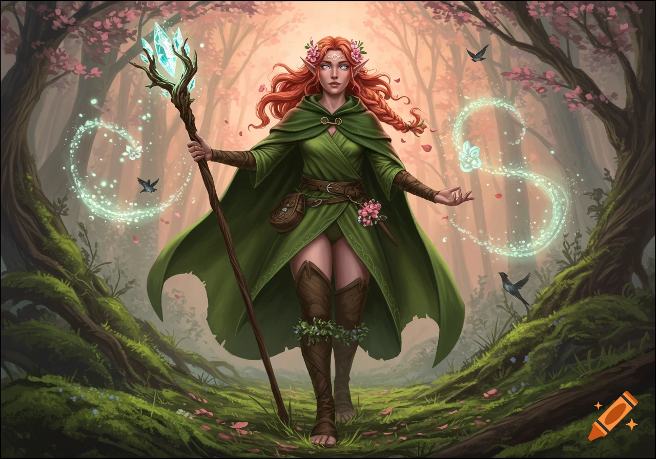 A red-haired female eladrin warlock in a green cloak stands in a magical forest, holding a crystal staff and casting glowing spells.
