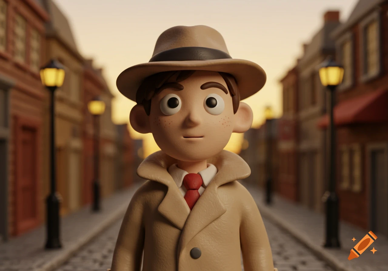 A claymation 18-year-old detective in a tan trench coat and fedora stands on a cobblestone street at sunset.