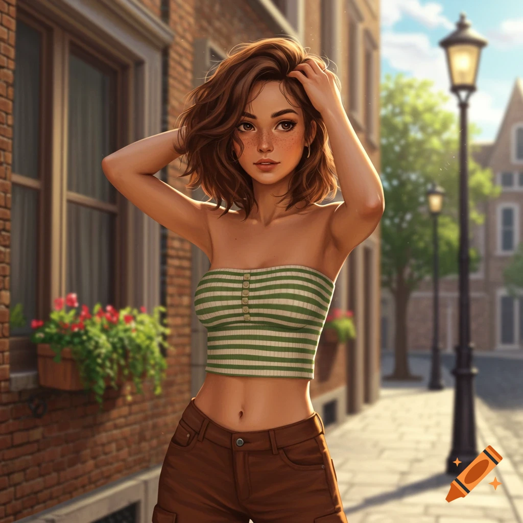 A stylized portrait of a young woman with brown hair, wearing a green and white striped tube top and brown pants, standing on a cobblestone street with buildings in the background.