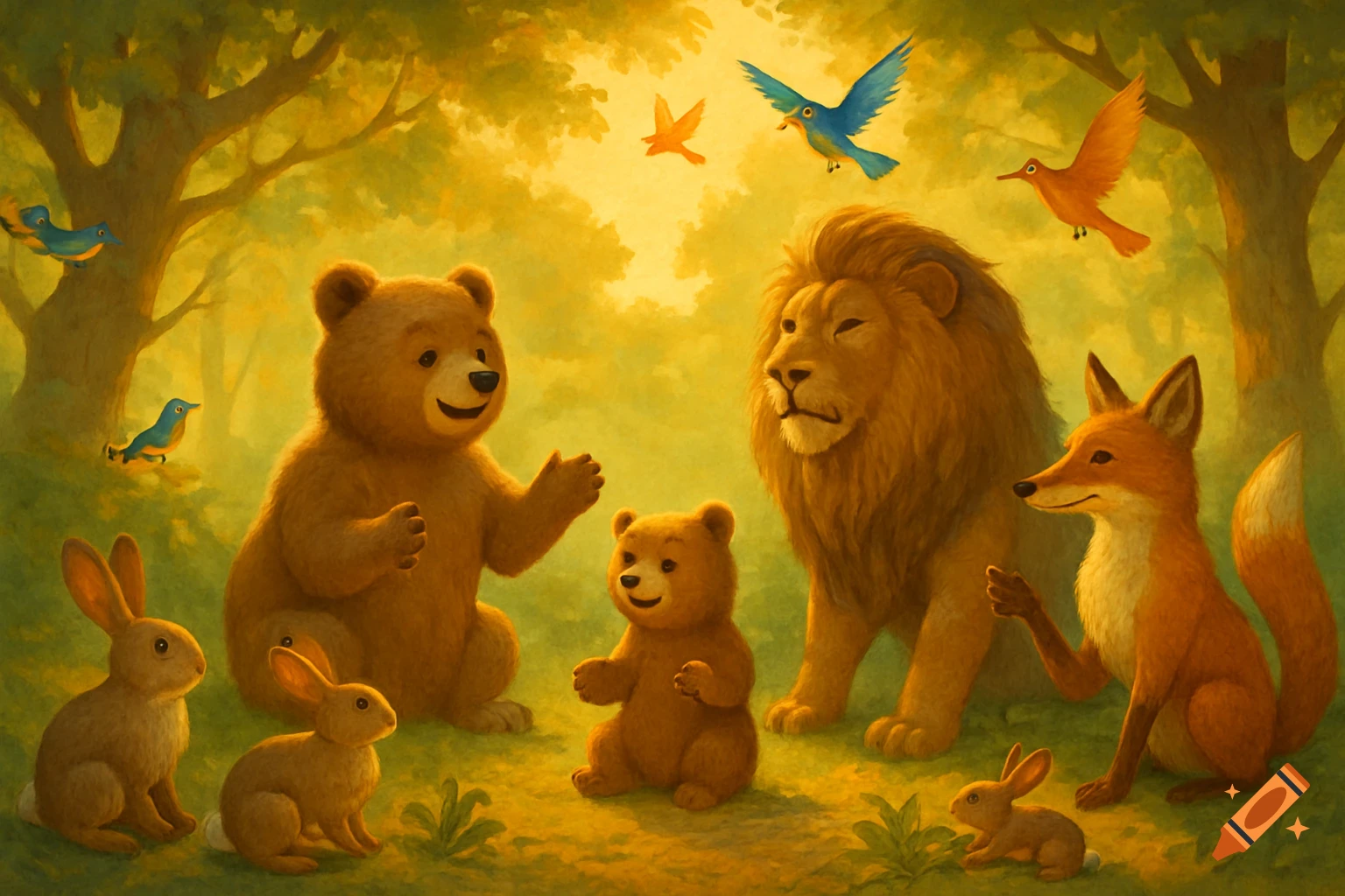 A warm, painterly forest illustration featuring a large bear, small bear, lion, fox, rabbits, and birds interacting.