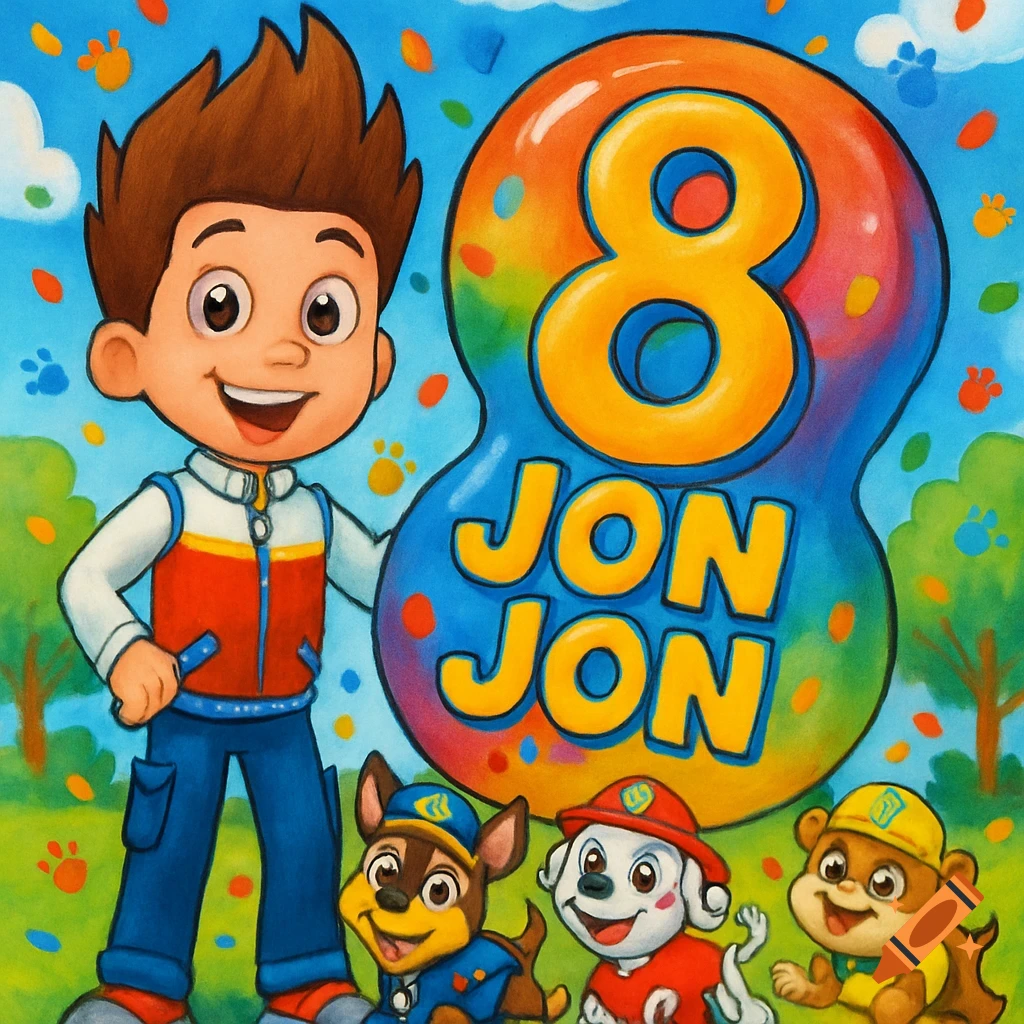Ryder from Paw Patrol and three pups in a park, next to a large colorful number 8 and the name Jon Jon.