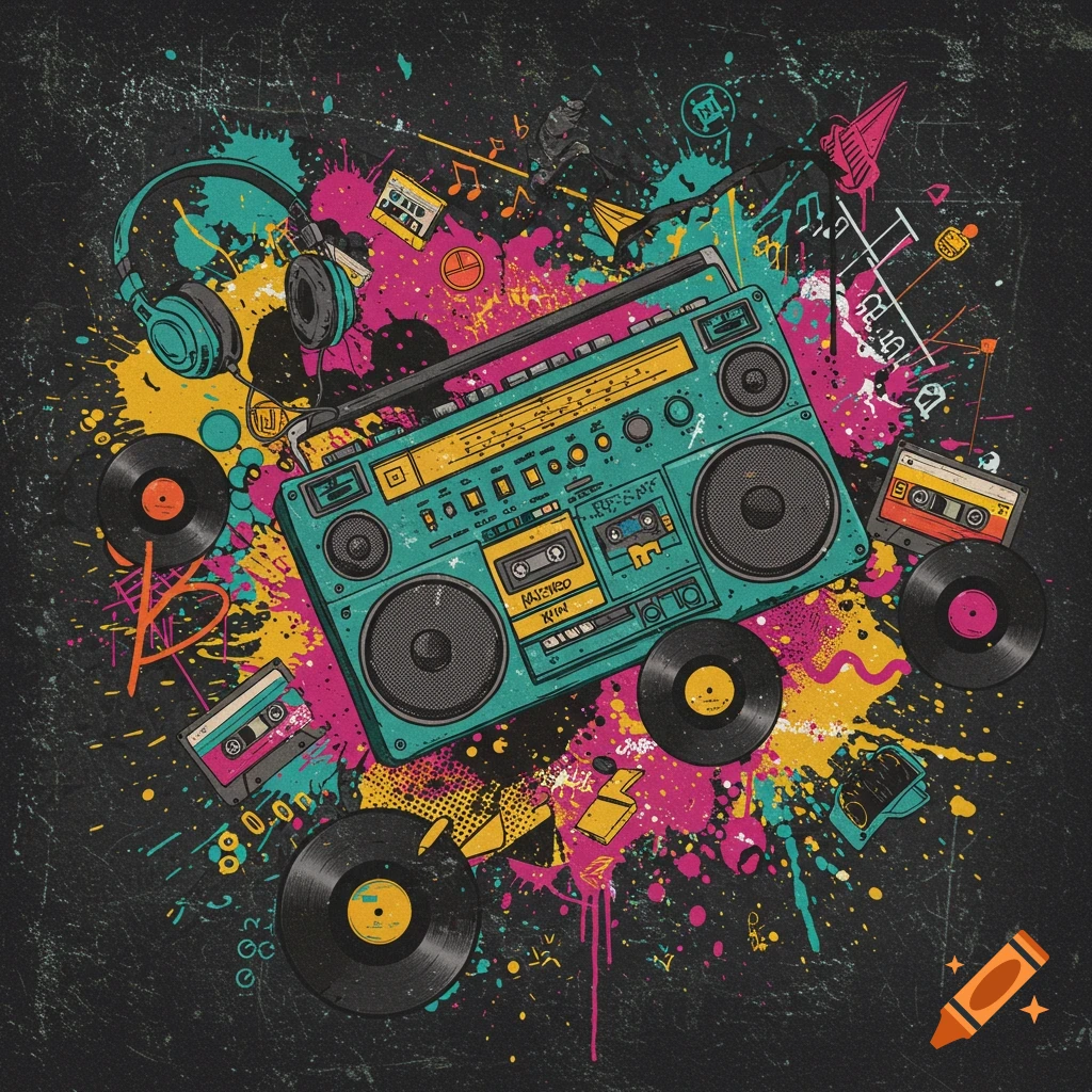 Illustrative retro boombox, headphones, records, and cassettes with vibrant paint splatters on a dark grunge background.
