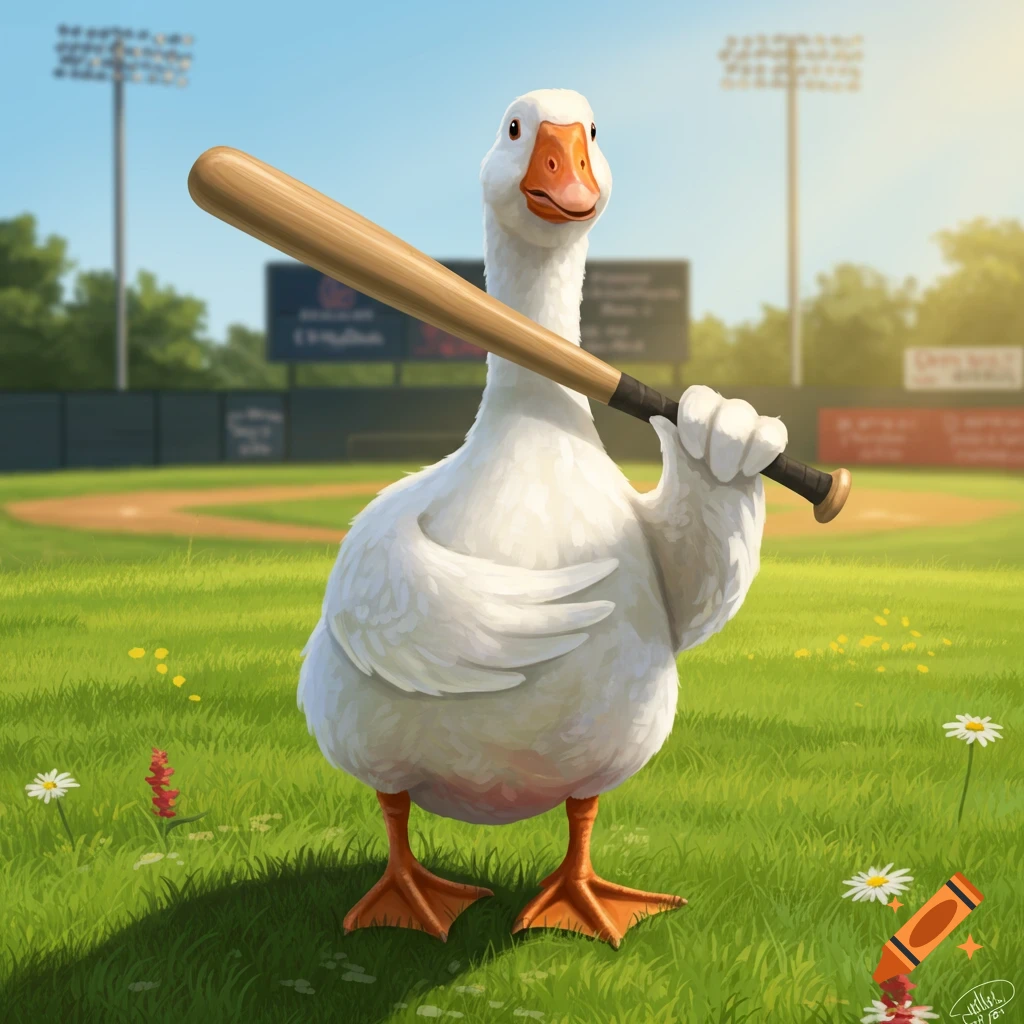 A friendly cartoon goose stands on a baseball field holding a baseball bat over its shoulder.