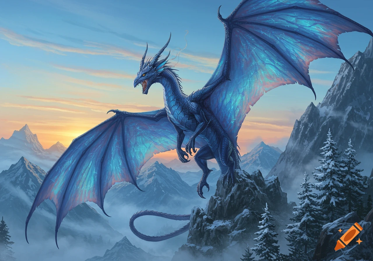 A majestic blue dragon with glowing wings perches on a snowy mountain peak, overlooking a vast, misty landscape at sunrise. Fantasy art.