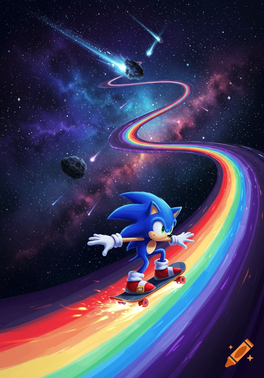 Vibrant cartoon illustration of Sonic the Hedgehog skateboarding on a rainbow road through a starry galaxy with meteors.