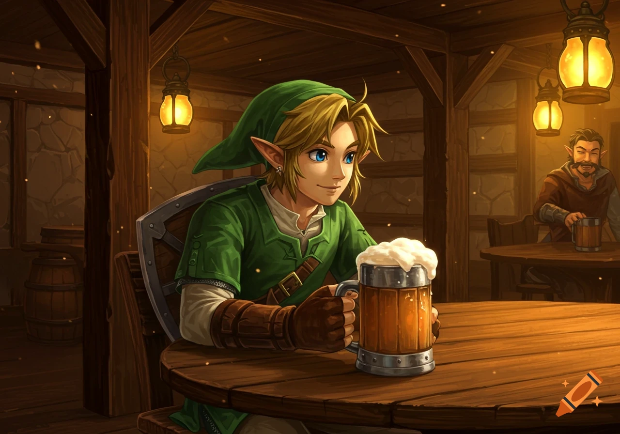 Link from The Legend of Zelda sits at a wooden table in a rustic tavern, holding a frothy mug of beer. Digital art style.
