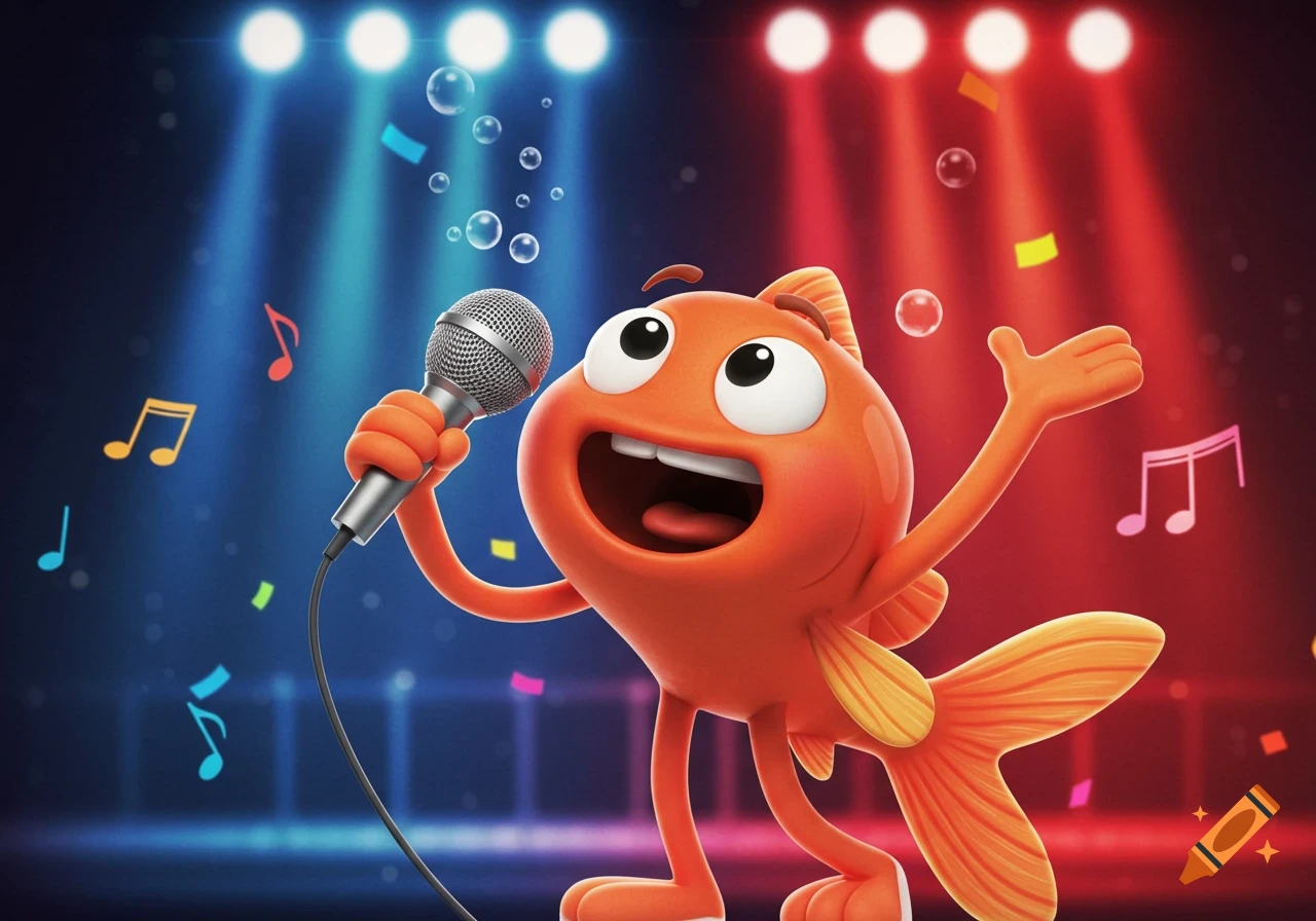 A happy orange goldfish character sings into a microphone on a stage with colorful spotlights, musical notes, and confetti.