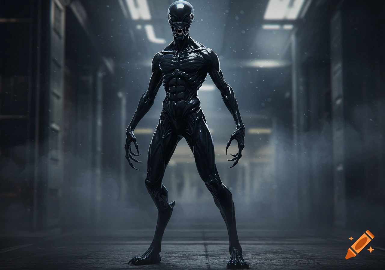 A full-body shot of a tall, dark, menacing alien creature with sharp claws and fangs, standing in a dimly lit corridor.