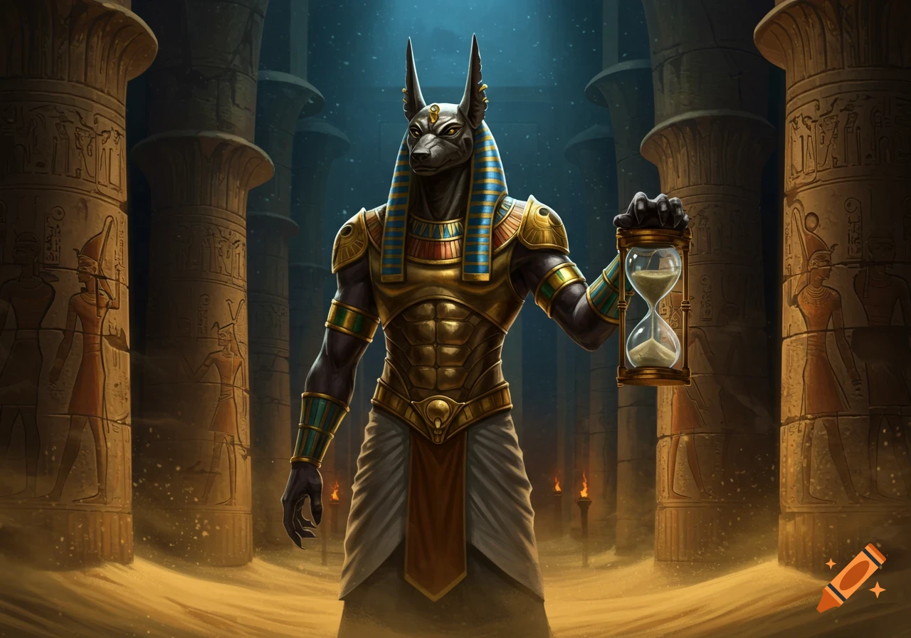 Anubis, the Egyptian god, stands in an ancient, sand-filled temple, holding an hourglass.