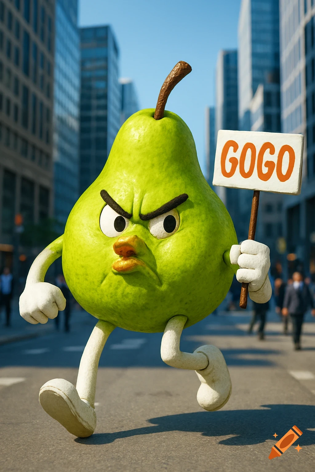 A grumpy anthropomorphic green pear with arms and legs walks through a city street, holding a sign that says 'GOGO'.