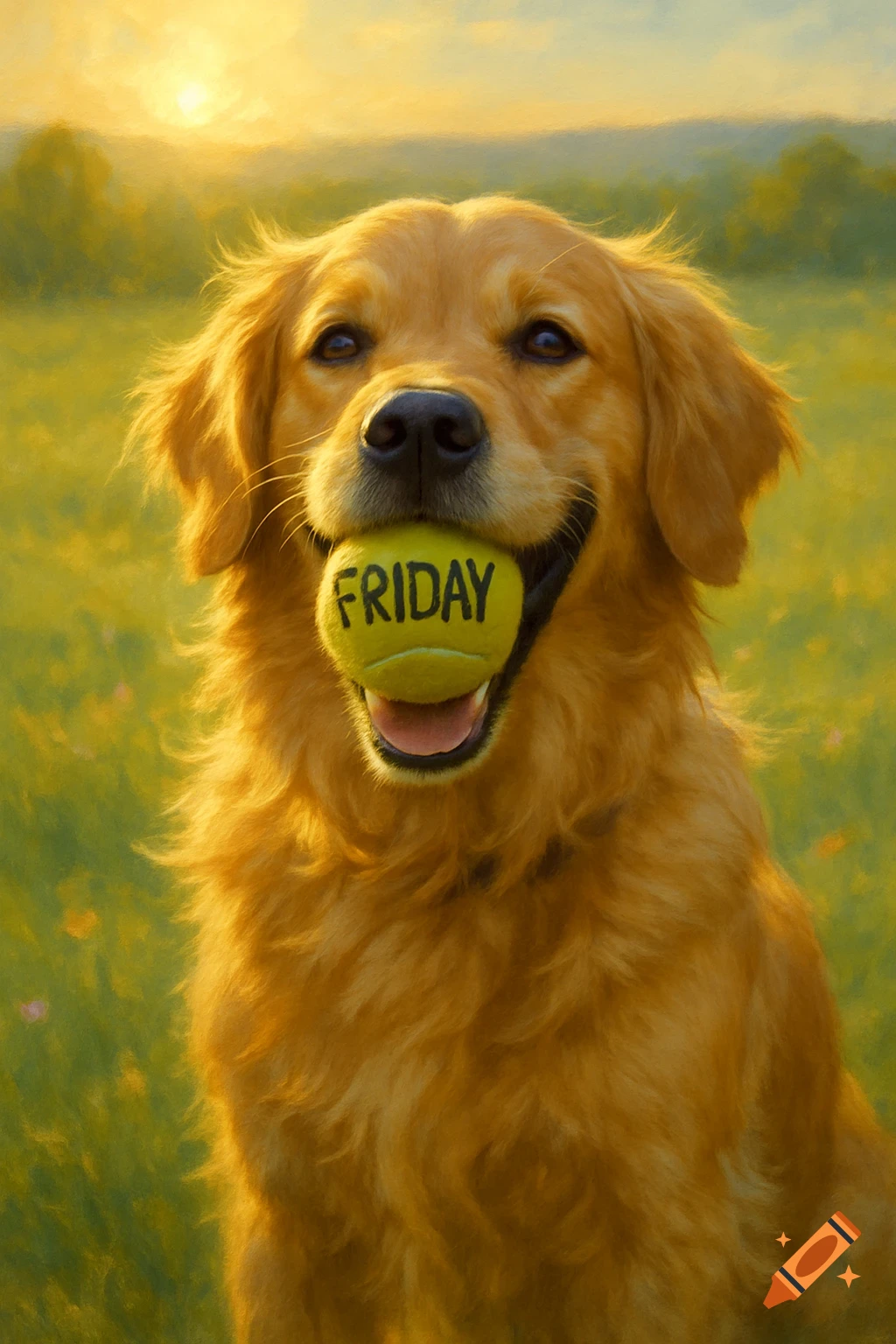 A smiling golden retriever holds a tennis ball with 'FRIDAY' written on it in its mouth, bathed in golden light in a field.