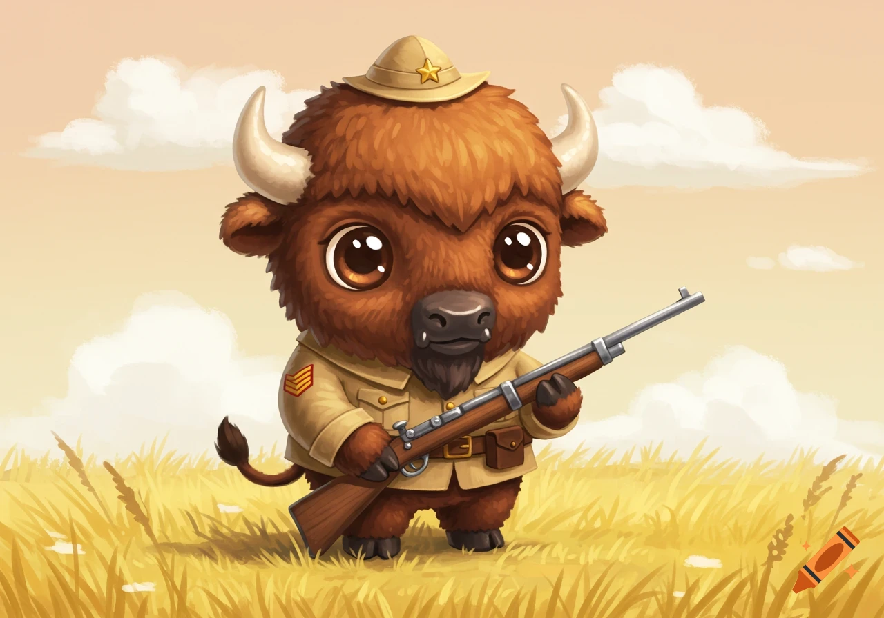 A cute cartoon bison dressed as a soldier, wearing a tan uniform and hat, holding a rifle in a grassy field under a cloudy sky.