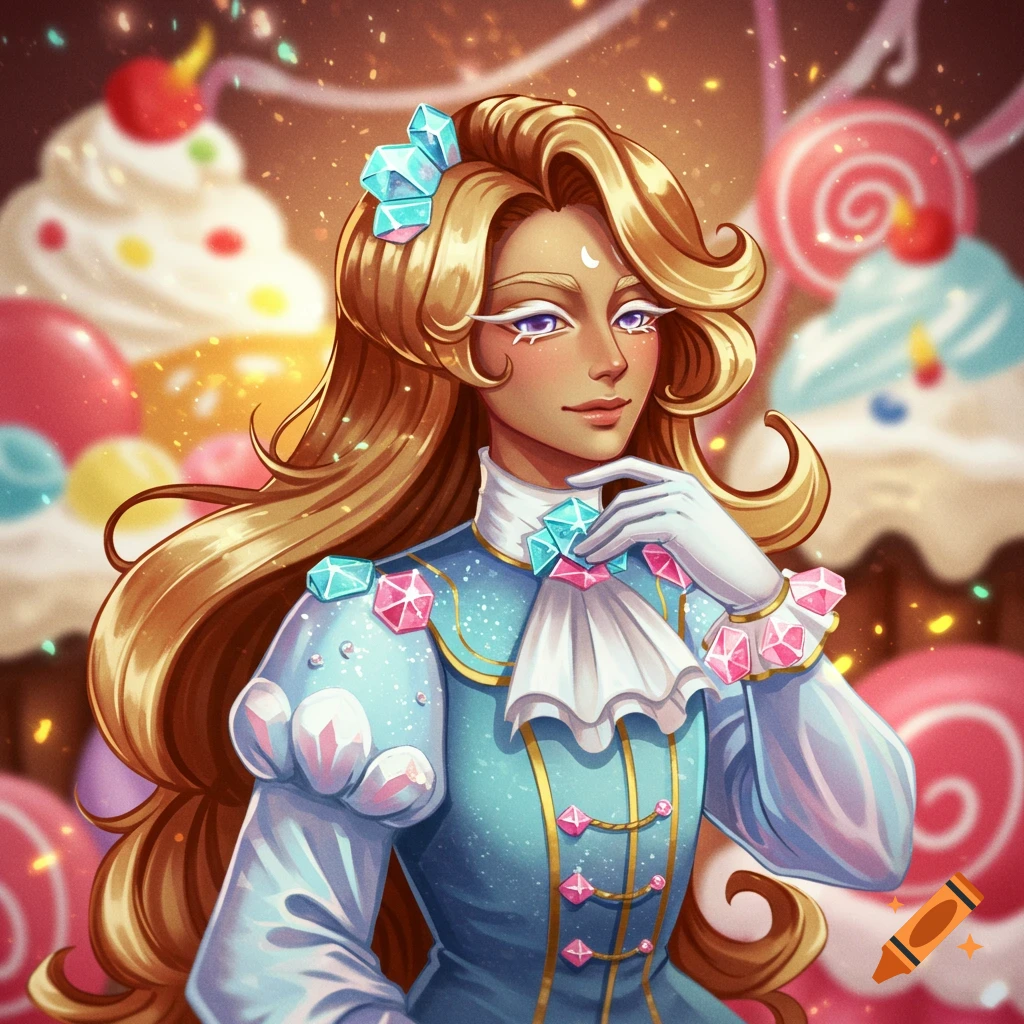 A blonde animated character with a blue and white ruffled outfit adorned with blue and pink gems, against a blurred background of large cupcakes and lollipops.