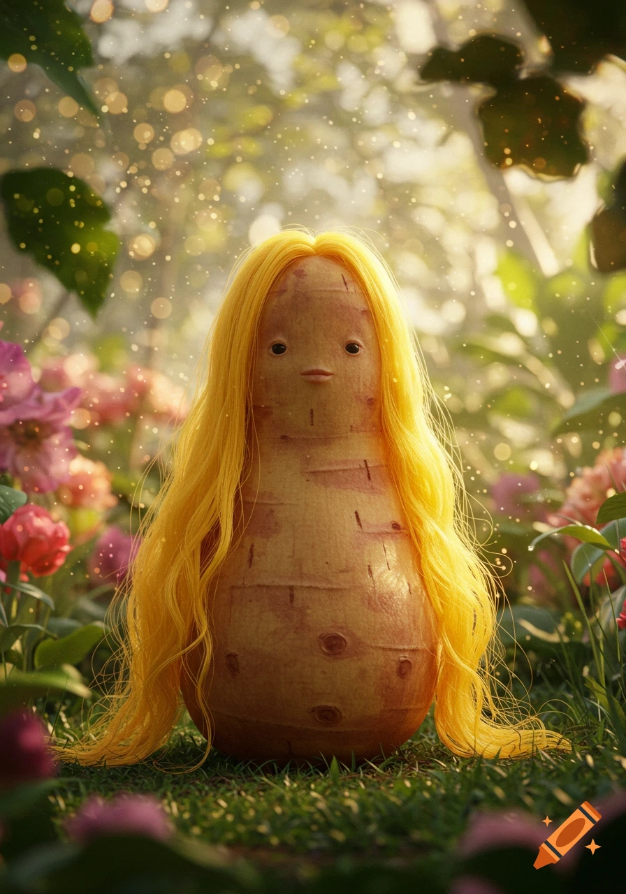 A whimsical potato-like creature with long yellow hair sits in a magical garden surrounded by flowers and sparkling lights.
