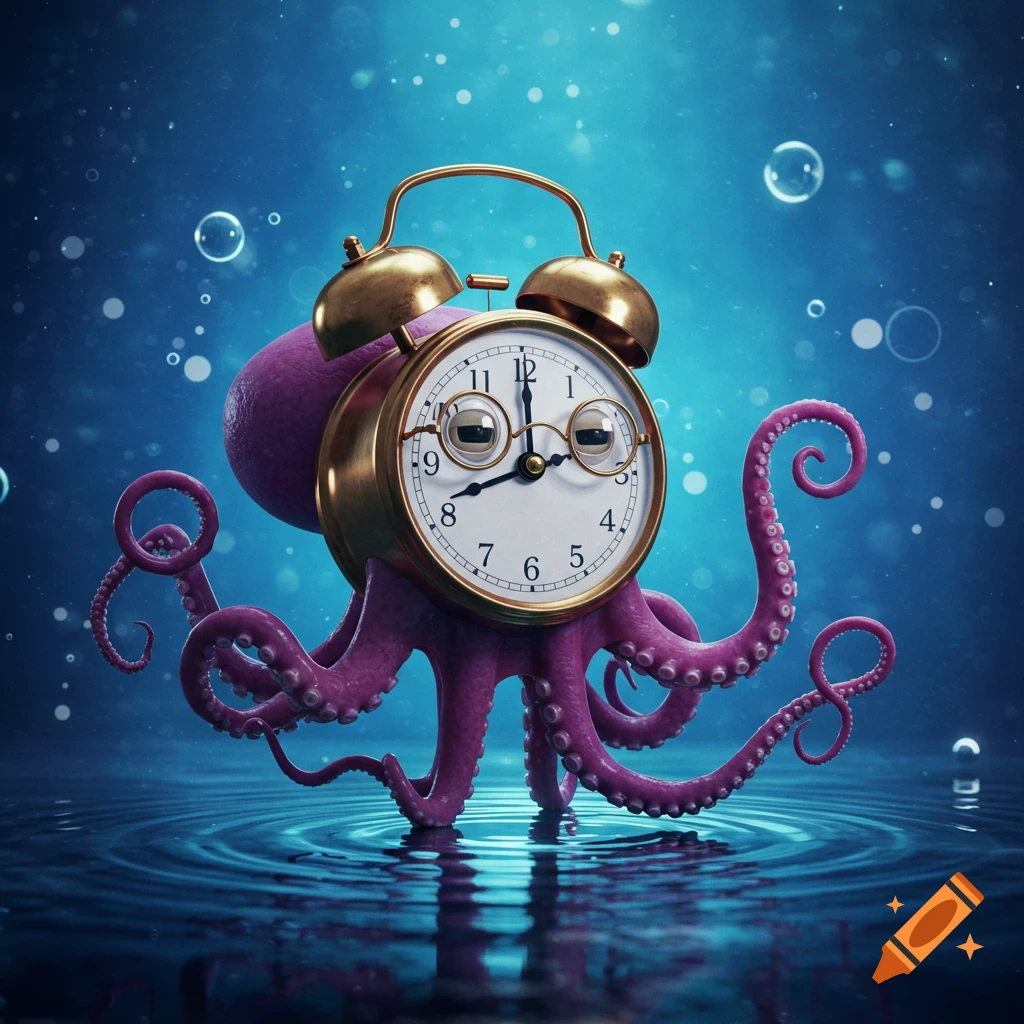 A surreal purple octopus with an alarm clock for a head, wearing glasses, in a vibrant blue underwater scene with bubbles.