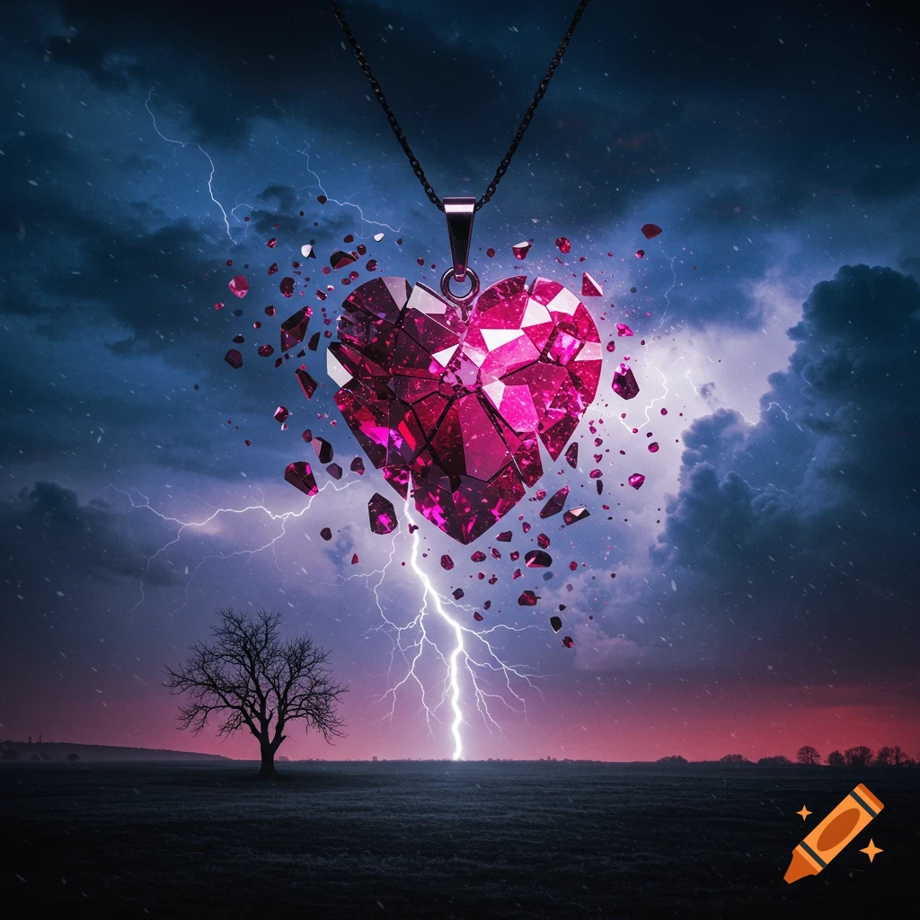 A shattered pink heart pendant hangs against a stormy sky with lightning, above a field and a lone tree.