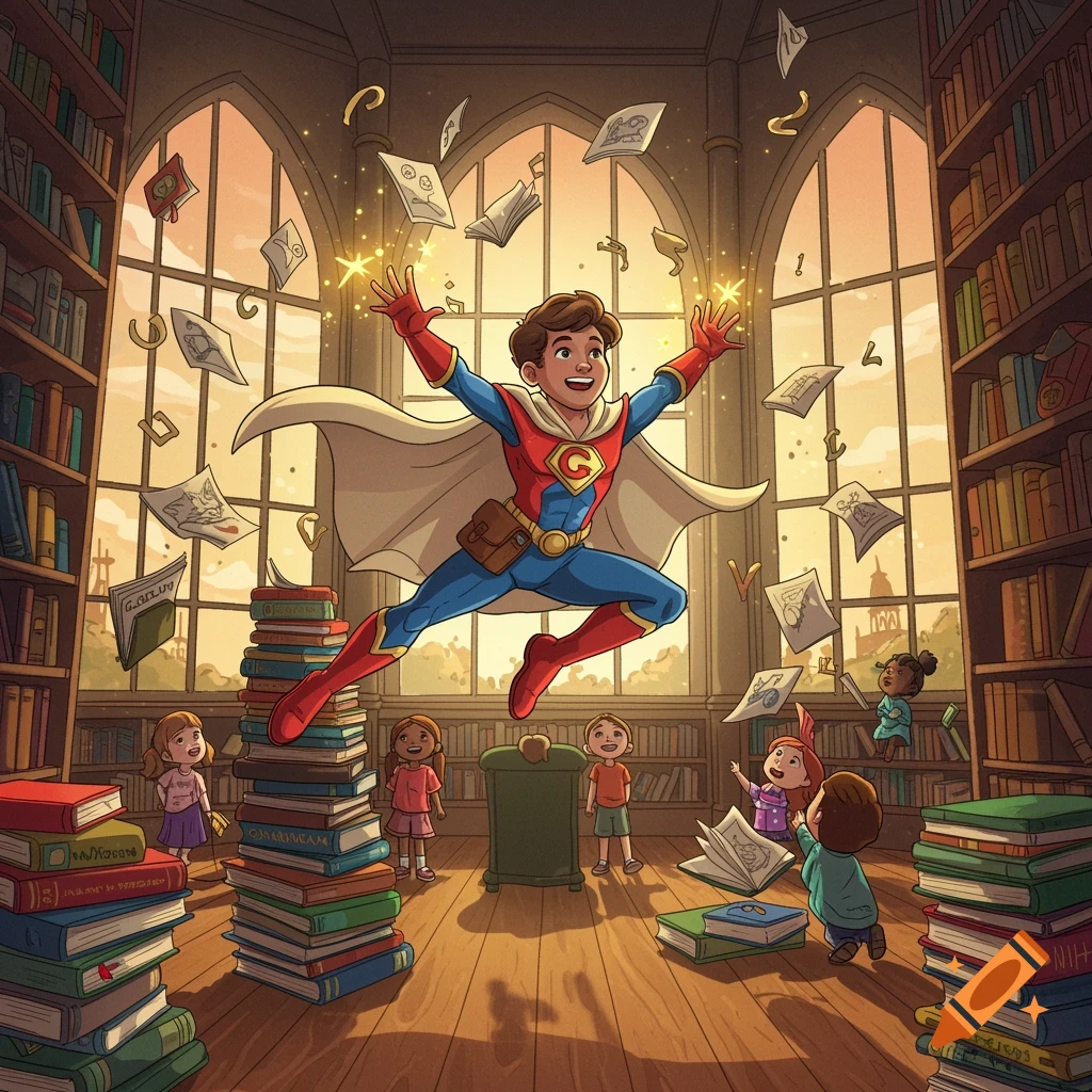 A cartoon superhero child with a cape and a 'G' emblem flies through a library, surrounded by flying books and golden sparkles, while other children watch in amazement amidst stacks of books. Illustrated in a bright, dynamic style.