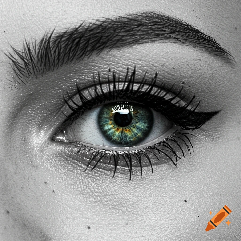 Photorealistic close-up of a woman's eye with a detailed green and brown iris, thick black eyeliner, and grayscale skin.