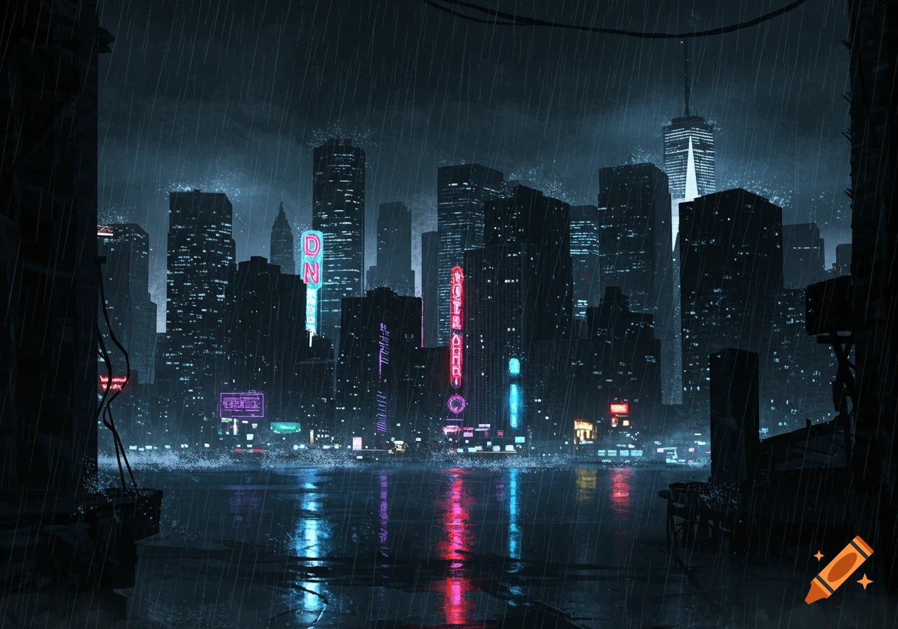 Dark, rainy cityscape at night with tall buildings, glowing neon signs, and reflections on wet ground and water, in a graphic novel style.