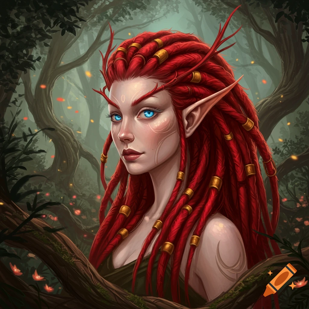 A pale wood elf with bright blue eyes and long red dreadlocks, adorned with golden bands, gazes from a mystical forest.