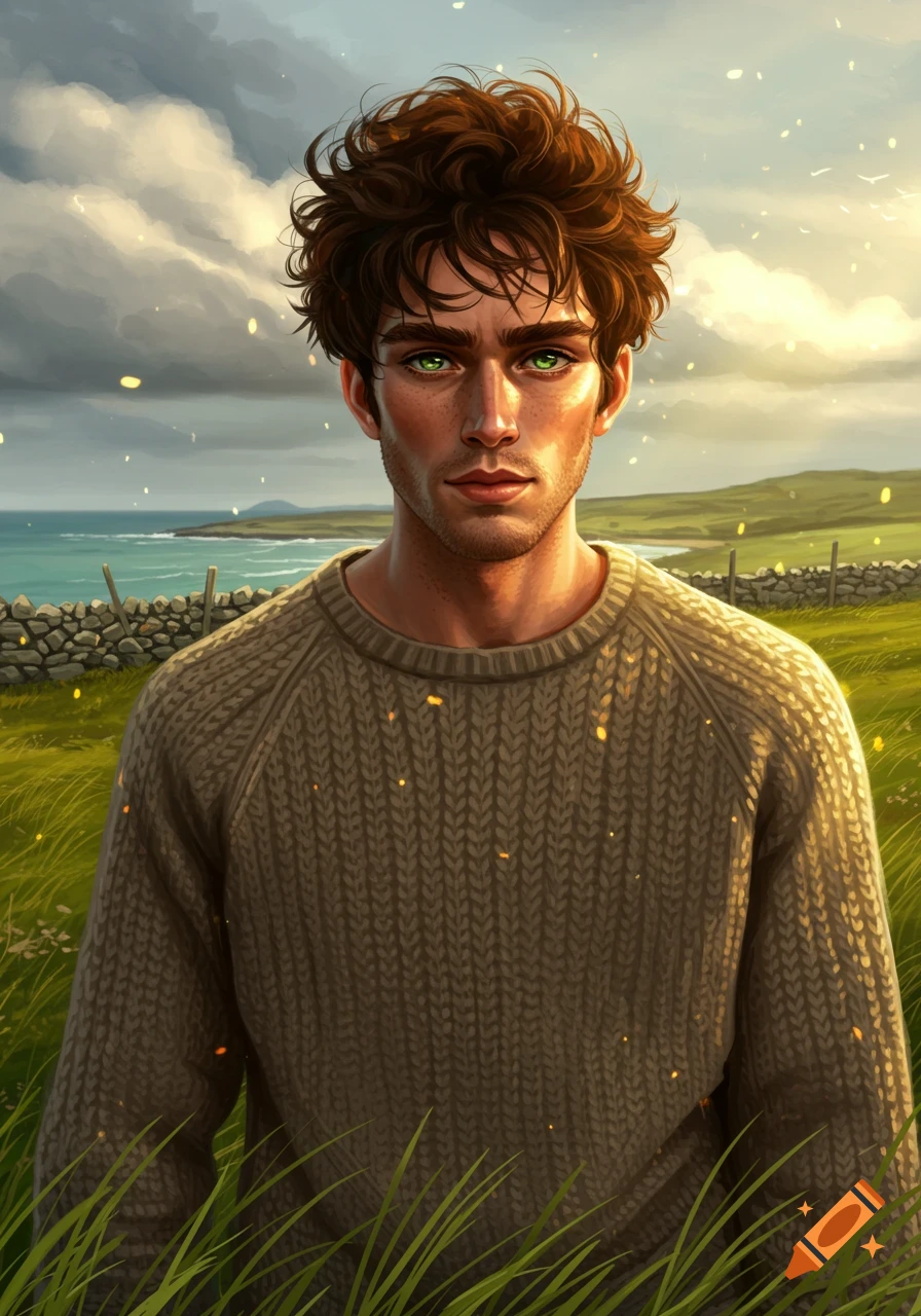 Handsome young man with green eyes and curly brown hair in a knitted sweater, standing in a grassy field by the sea under a cloudy sky, fantasy art style.