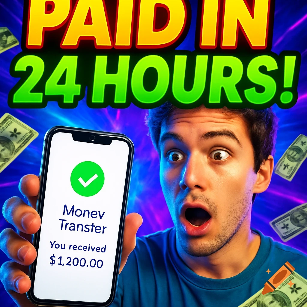 Shocked man holds a phone displaying a $1,200 money transfer, with dollar bills and 'PAID IN 24 HOURS!' text on a neon background.