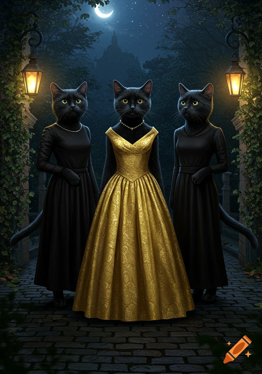 Three anthropomorphic black cats in elegant dresses, two black and one golden, stand on a cobblestone path under a crescent moon with lanterns.