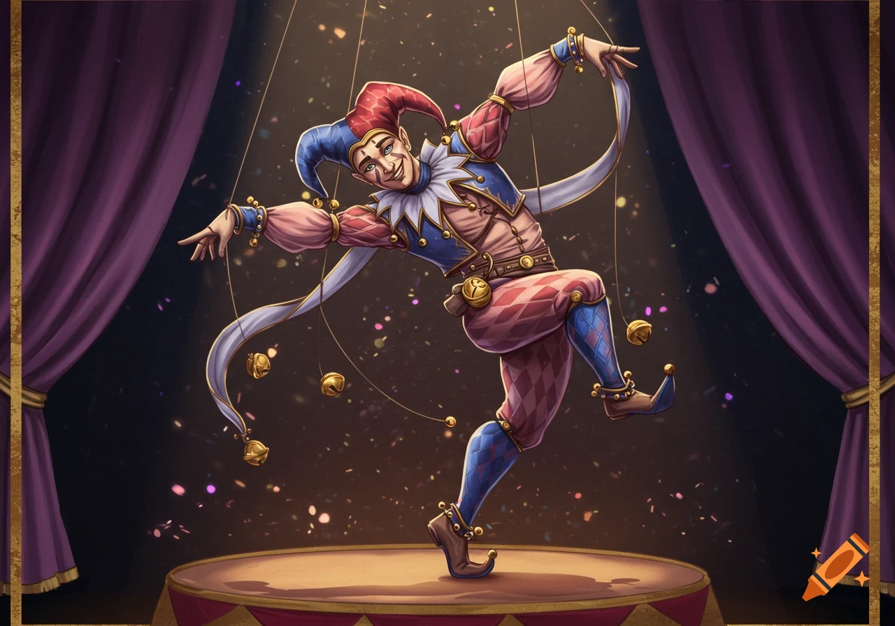 A whimsical jester marionette doll in a red and blue costume with bells, posing on a stage with purple curtains.