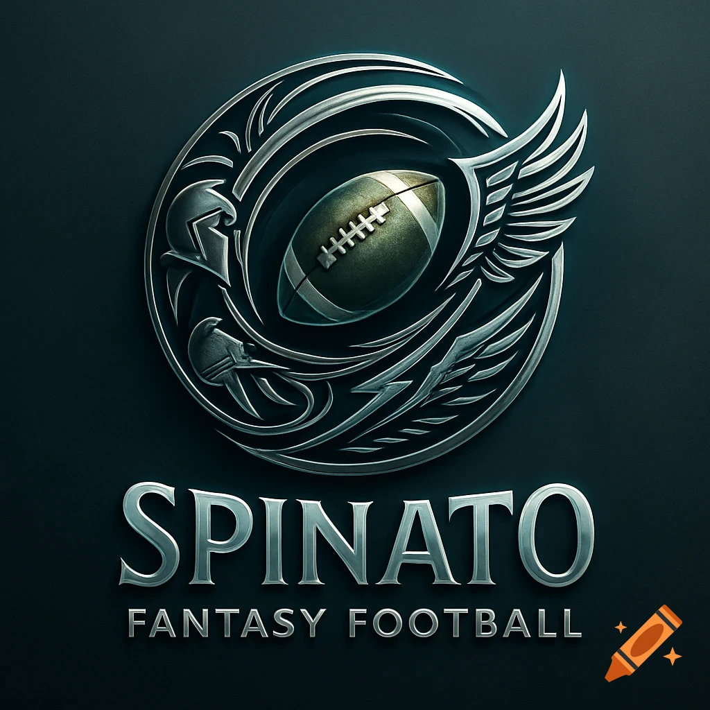 Metallic logo for Spinato Fantasy Football, featuring a football, wings, and two Spartan-style helmets.