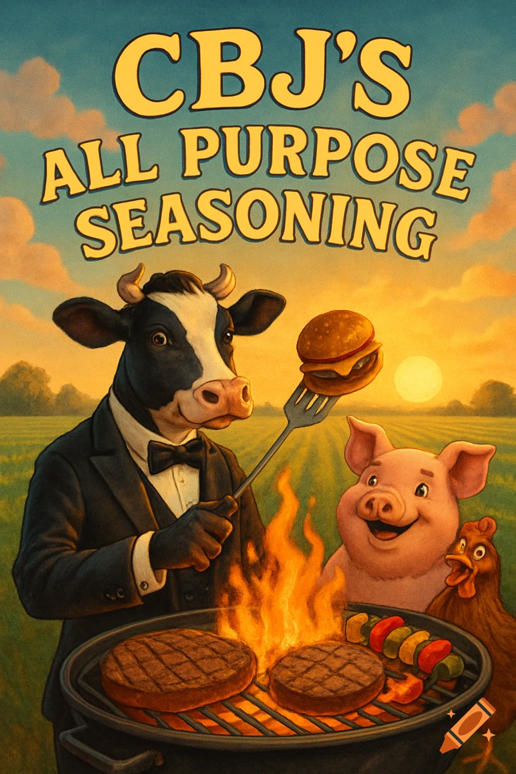 A tuxedo-wearing cow grills burgers and steak with a pig and chicken in a field at sunset. 'CBJ'S ALL PURPOSE SEASONING' text.