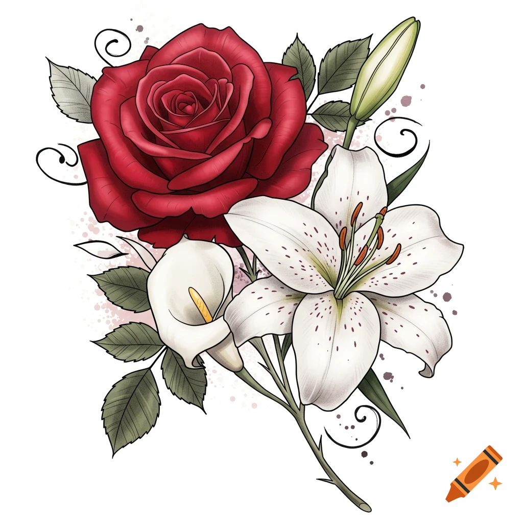 A vibrant red rose, a white lily with speckled petals, and a white calla lily arranged with green leaves and decorative swirls, in a tattoo illustration style.