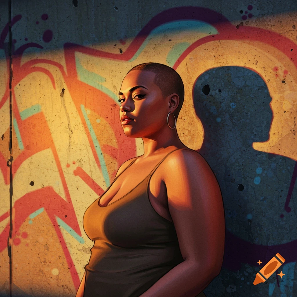 Illustrative portrait of a woman with a buzz cut and hoop earrings, wearing a tank top, against a graffiti-covered wall bathed in warm light.